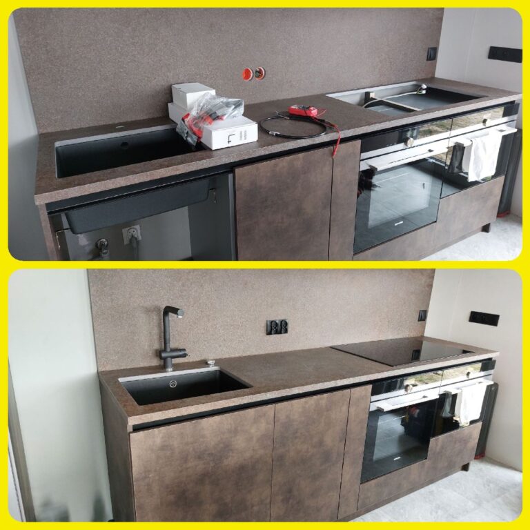 Zdjęcie przedstawia metamorfozę kuchni. Górna część pokazuje blat kuchenny z otworami i przygotowaniem pod montaż sprzętów AGD. Dolna część prezentuje wykończoną kuchnię z zamontowaną płytą indukcyjną, zlewem, kranem i piekarnikiem