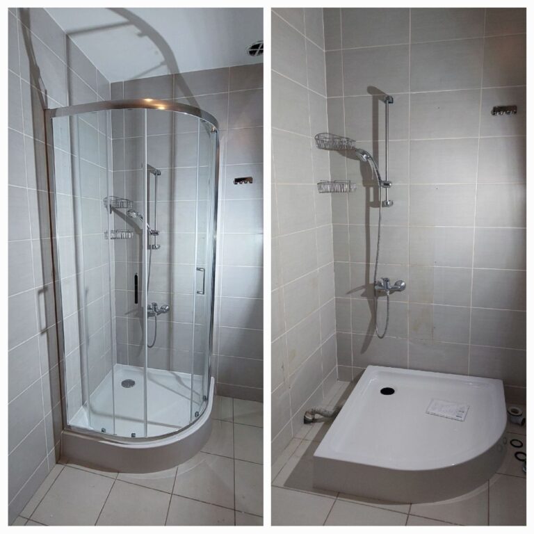 Zdjęcie przedstawia metamorfozę łazienki. Pokazuje starą kabinę prysznicową i brodzik przed wymianą oraz nową, zamontowaną kabinę prysznicową i brodzik w odnowionej łazience