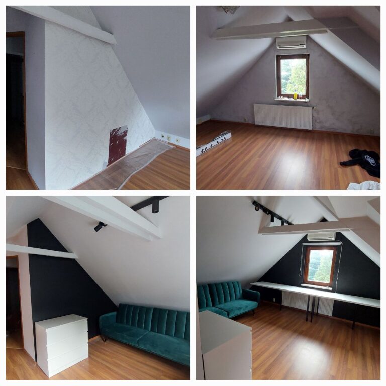 Zdjęcie przedstawia odświeżenie pomieszczenia. Pokazuje ściany z tapetą i starym oświetleniem przed zmianami oraz to samo pomieszczenie po usunięciu tapety, pomalowaniu ścian, montażu nowych mebli i zmianie oświetlenia