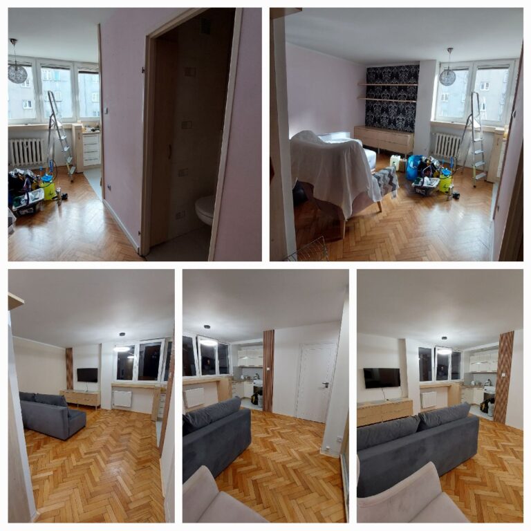 Zdjęcie przedstawia kompleksowe odświeżenie mieszkania. Pokazuje pomieszczenie przed remontem oraz to samo pomieszczenie po malowaniu ścian, cyklinowaniu podłóg, montażu listew przypodłogowych, wymianie grzejnika i instalacji lameli na ścianie