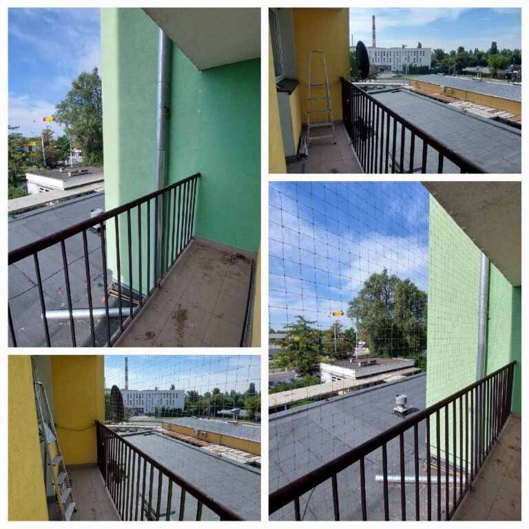 Zdjęcie przedstawia balkon z zamontowaną siatką ochronną, która zabezpiecza przed ptakami i uniemożliwia wyjście kota