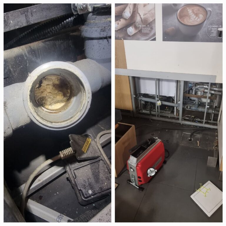 Zdjęcie przedstawia proces udrażniania kanalizacji w piwnicy domku jednorodzinnego. Widać specjalną sprężynę używaną do czyszczenia rur