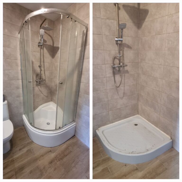 Zdjęcie przedstawia metamorfozę łazienki z wymianą kabiny prysznicowej i brodzika. Pokazuje stary brodzik i kabinę przed zmianą oraz nową, zamontowaną kabinę prysznicową i brodzik