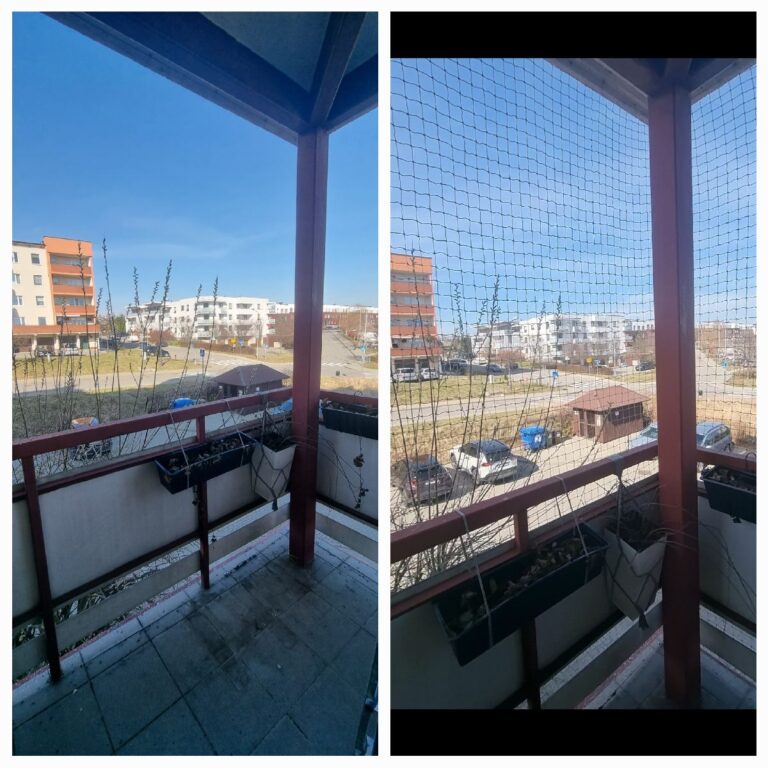 Zdjęcie przedstawia balkon z zamontowaną siatką ochronną, która zabezpiecza przed ptakami i uniemożliwia wyjście kota