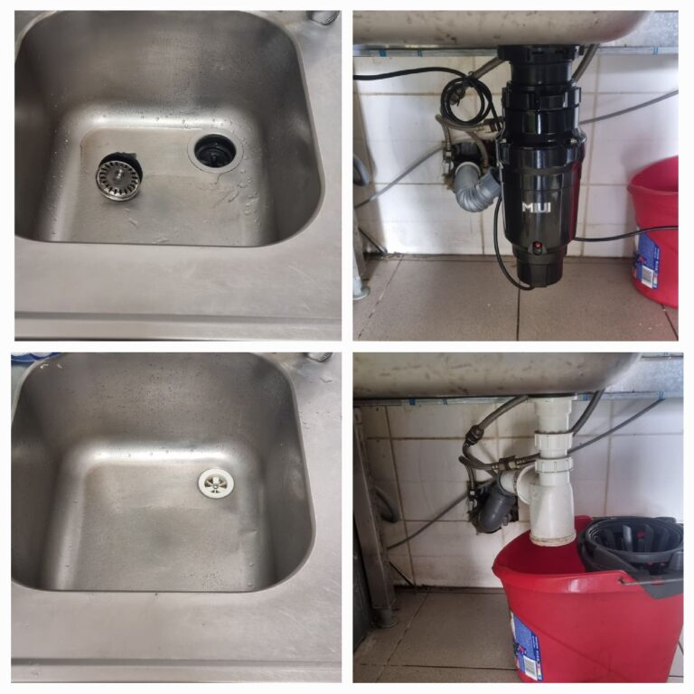 Zdjęcie przedstawia montaż pomporozdrabniacza w zlewie kuchennym. Pokazuje wnętrze szafki pod zlewem z elementami instalacji i rozdrabniacza przed i po zakończeniu prac