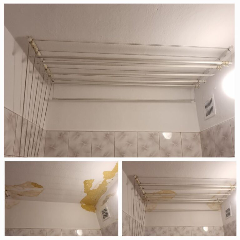 Zdjęcie przedstawia naprawę sufitu w łazience po zalaniu. Pokazuje sufit z zaciekami przed naprawą oraz gładki, odmalowany sufit po zakończeniu prac