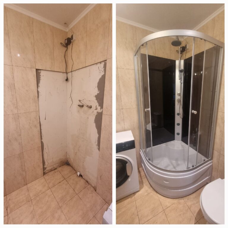 Zdjęcie przedstawia metamorfozę łazienki. Pokazuje starą kabinę prysznicową i brodzik przed wymianą oraz nową, zamontowaną kabinę prysznicową i brodzik w odnowionej łazience