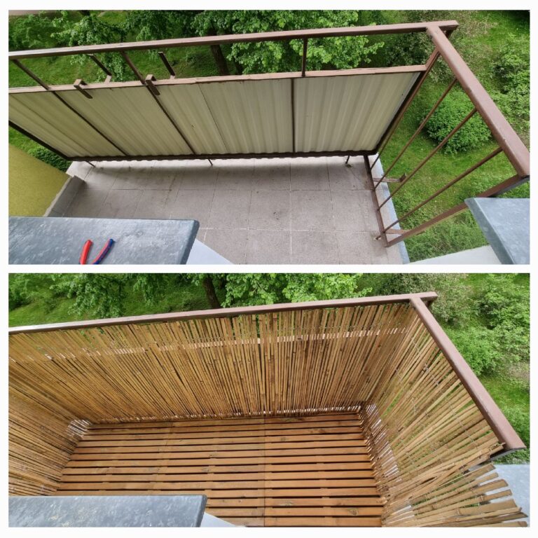 Zdjęcie przedstawia metamorfozę balkonu. Górna część pokazuje stary balkon z płytkami. Dolna część prezentuje odnowiony balkon z drewnianą podłogą z desek i bambusowymi panelami na balustradzie, tworzącymi prywatną i naturalną przestrzeń