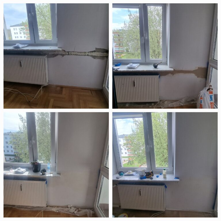 Zdjęcie przedstawia ścianę przed i po naprawie. Górna część pokazuje bruzdy i ślady po kuciu po podłączeniu klimatyzacji. Dolna część prezentuje gładką, pomalowaną ścianę bez widocznych śladów wcześniejszych prac