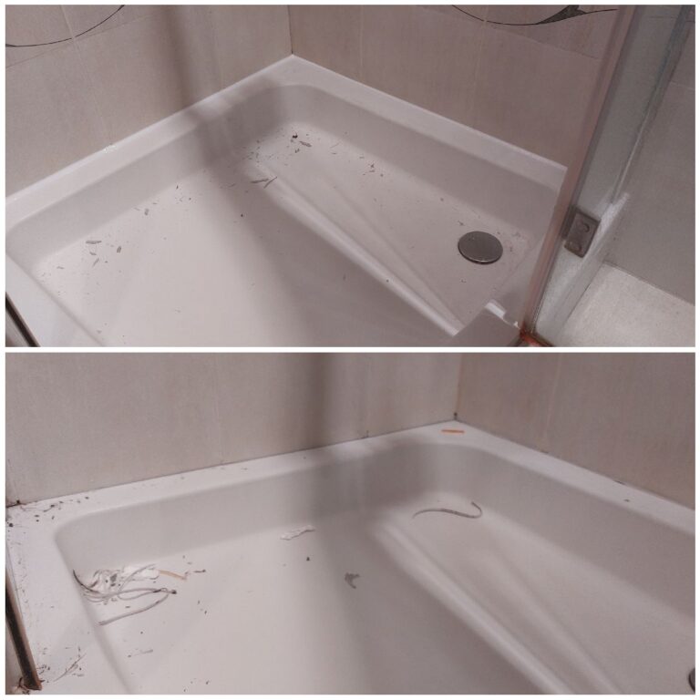 Zdjęcie przedstawia metamorfozę łazienki. Pokazuje starą kabinę prysznicową i brodzik przed wymianą oraz nową, zamontowaną kabinę prysznicową i brodzik w odnowionej łazience