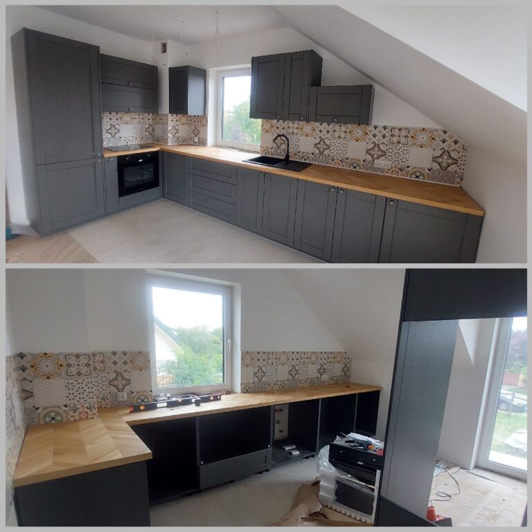 Zdjęcie przedstawia proces montażu kuchni z Leroy Merlin. Pokazuje kuchnię w fazie montażu mebli oraz w pełni zmontowaną z podłączonymi sprzętami AGD