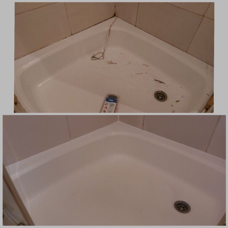 Zdjęcie przedstawia metamorfozę łazienki. Pokazuje starą kabinę prysznicową i brodzik przed wymianą oraz nową, zamontowaną kabinę prysznicową i brodzik w odnowionej łazience