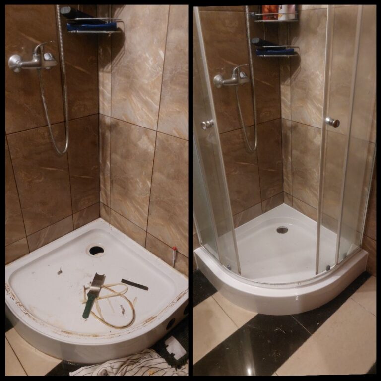 Zdjęcie przedstawia metamorfozę łazienki. Pokazuje starą kabinę prysznicową i brodzik przed wymianą oraz nową, zamontowaną kabinę prysznicową i brodzik w odnowionej łazience